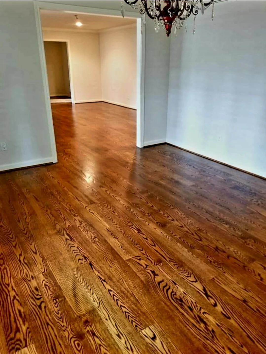 Refinished hardwood flooring, hallway and living space